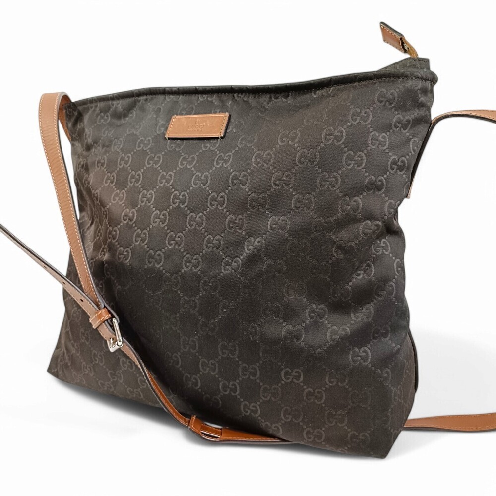 GUCCI GG Canvas Shoulder Bag Sacoche Brown Crossbody Leather
